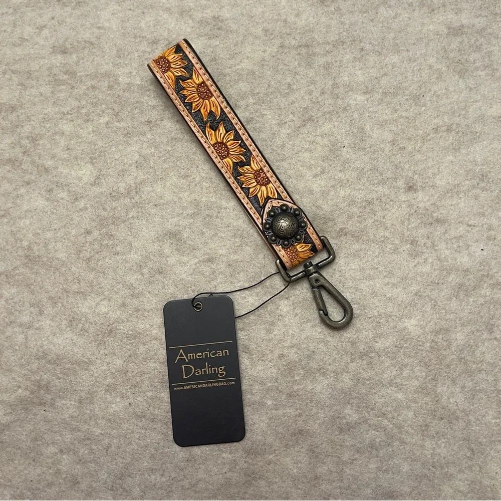 American Darling ADWSF102 Sunflower Tooled Genuine Leather Keychain Wristlet New